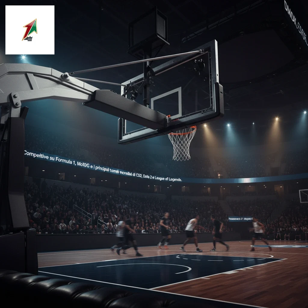 Postazione da gioco per competizioni di esport con monitor e cuffie.